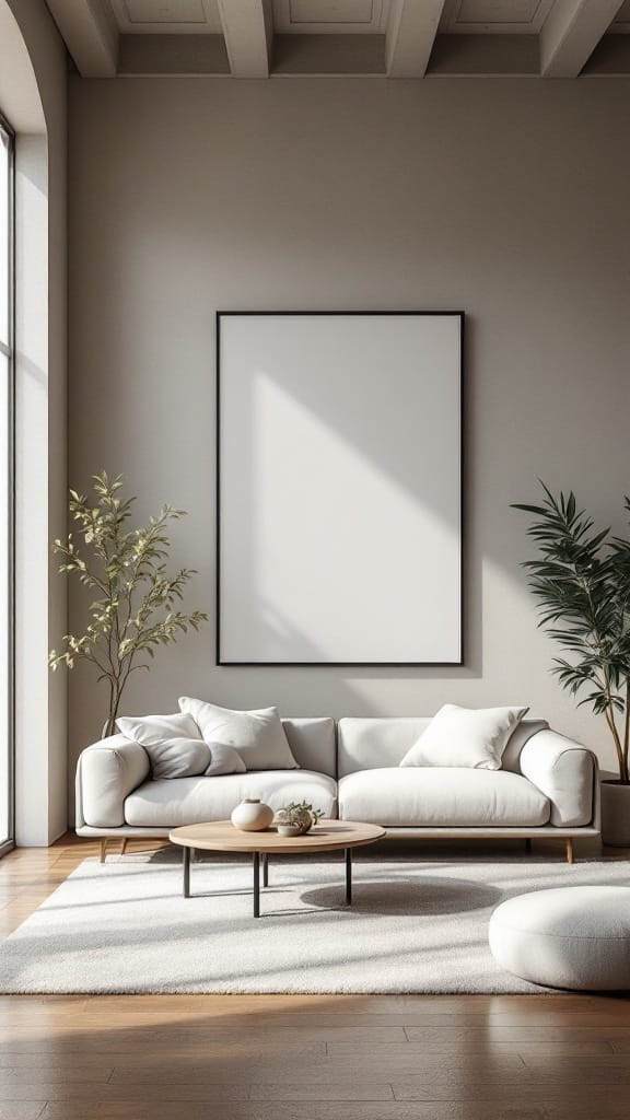 A minimalist living room featuring a white sofa, neutral decor, and plants, showcasing a cozy and elegant arrangement.