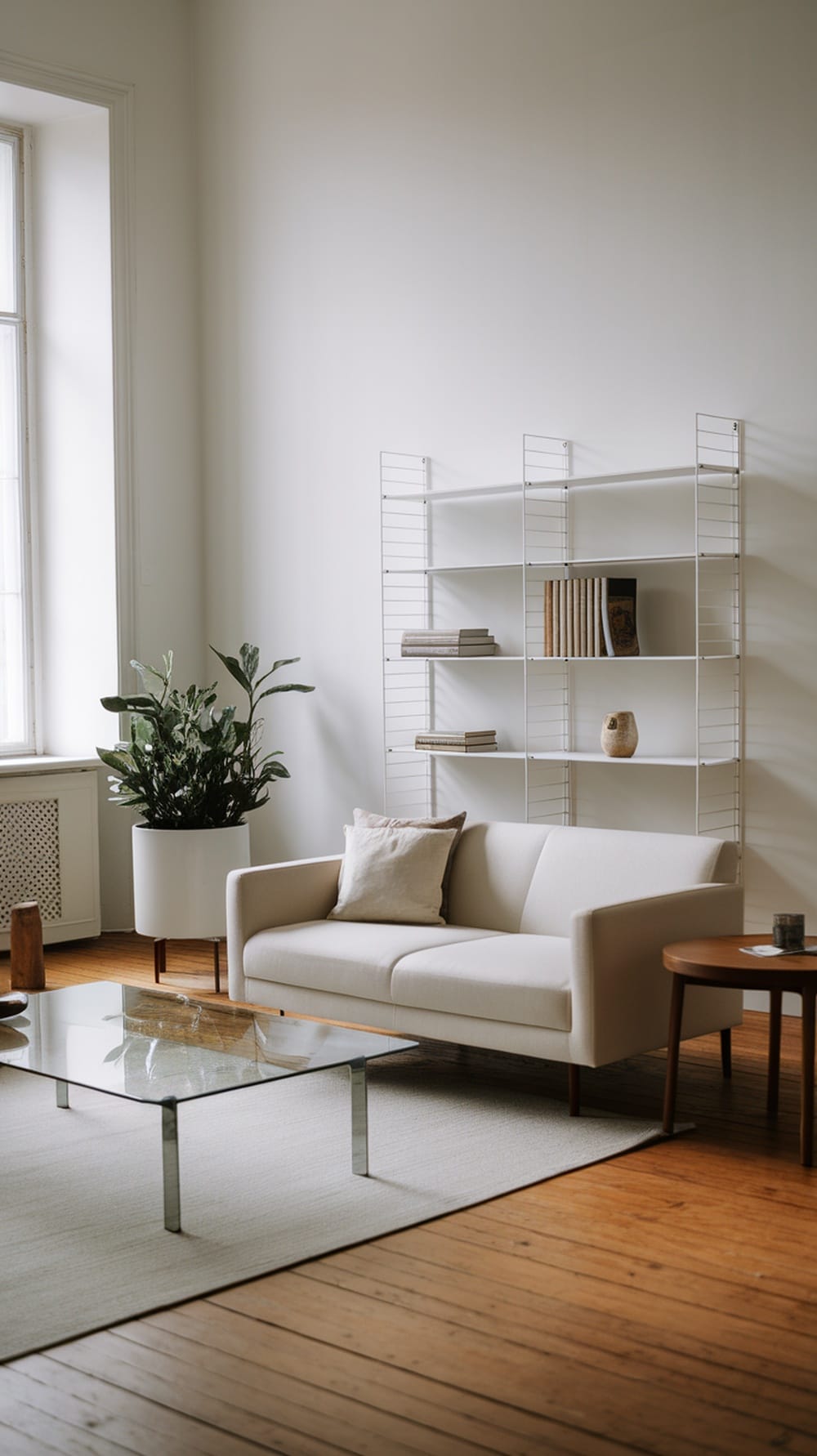 A minimalist living room featuring a light sofa, glass coffee table, and a plant.