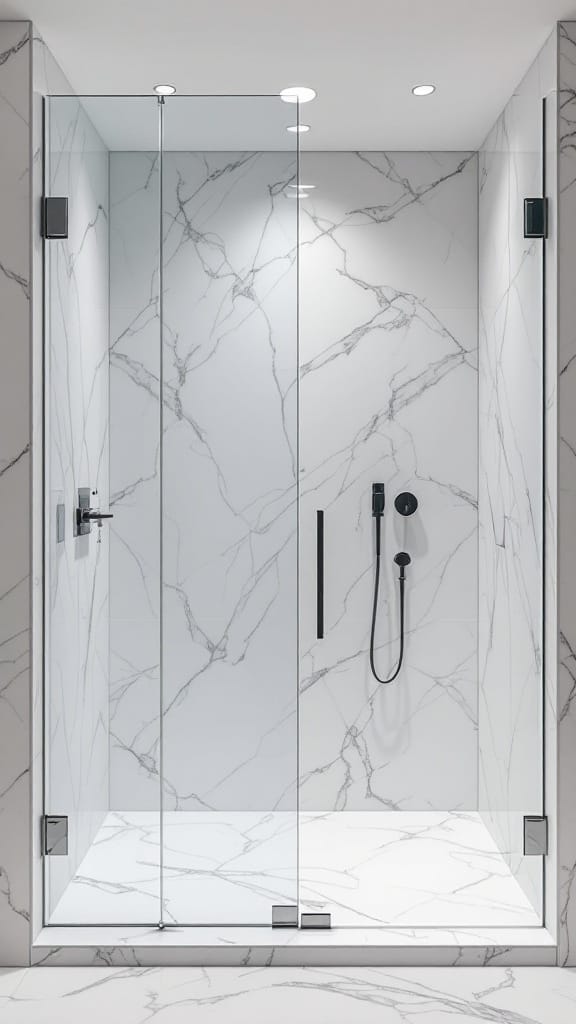 Minimalist marble shower with glass panels in a modern luxury bathroom