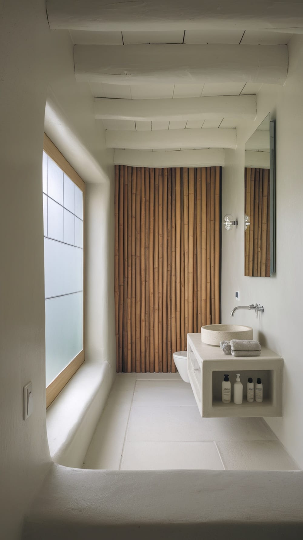 A minimalist bathroom featuring natural materials and soft colors, creating a serene spa-like atmosphere.