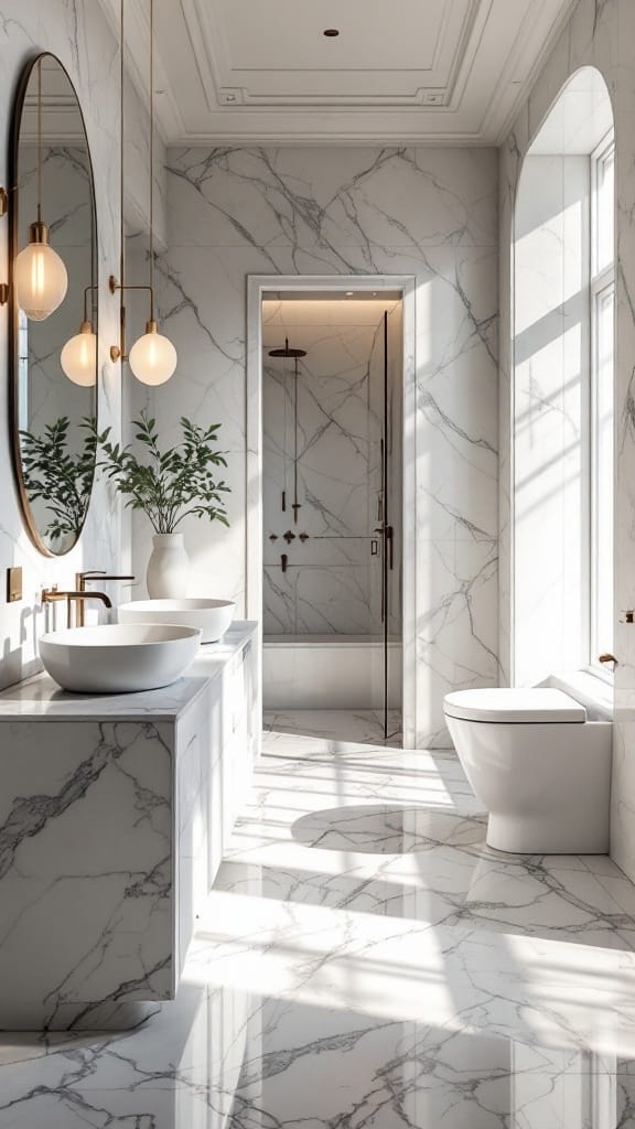A modern luxury bathroom with marble finishes, featuring natural light illuminating the space.