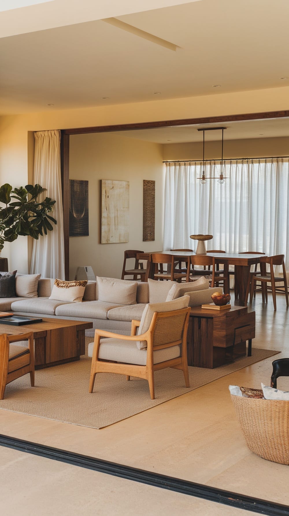 A spacious open concept living room featuring a gray sofa, wooden furniture, and natural light.