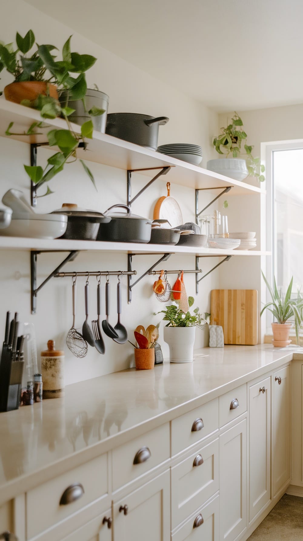 A modern kitchen with open shelving displaying dishes and pots, featuring shaker cabinets below.