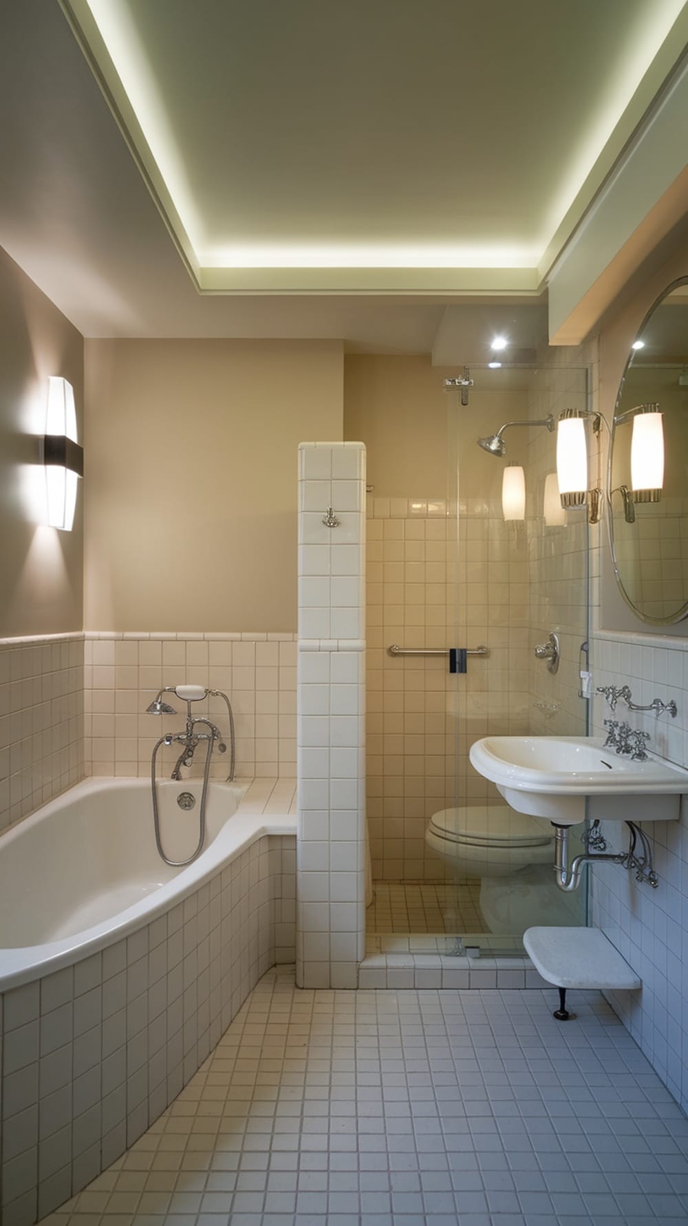 A stylish small ensuite bathroom with layered lighting fixtures, including wall sconces and recessed ceiling lights, creating a warm atmosphere.
