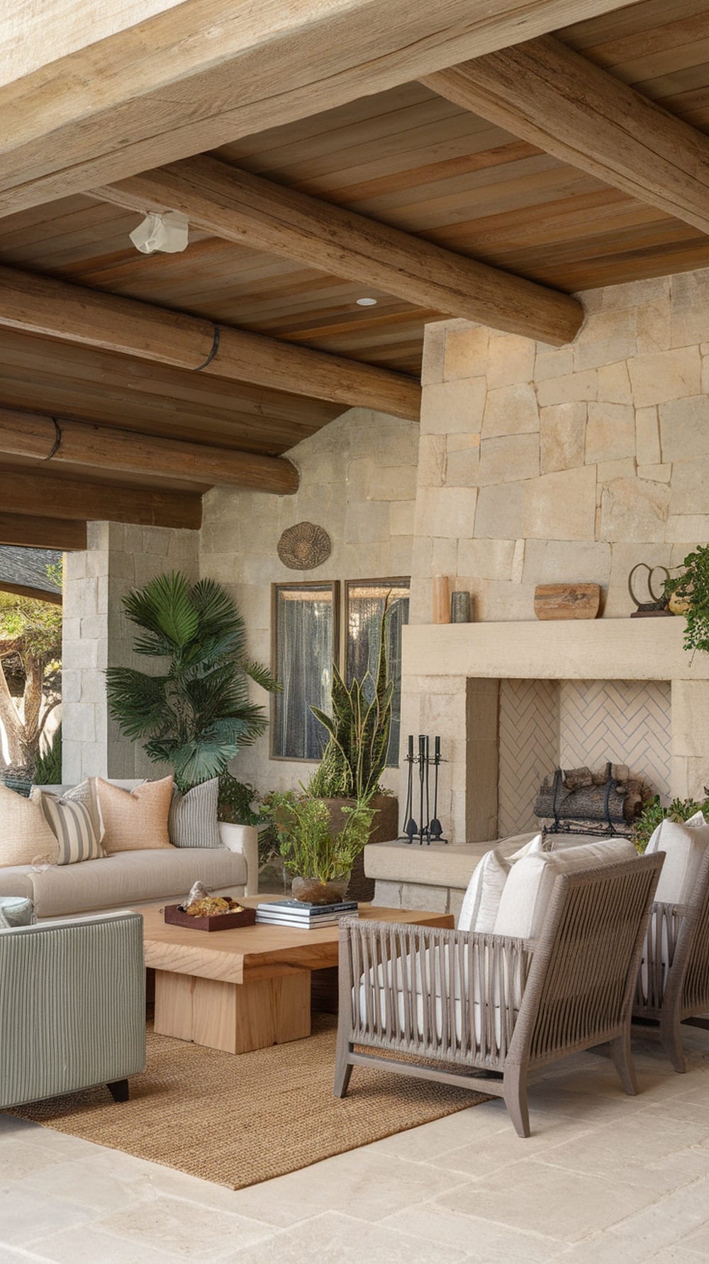 A stylish outdoor-inspired living room featuring stone walls, wooden beams, and cozy seating with plants.