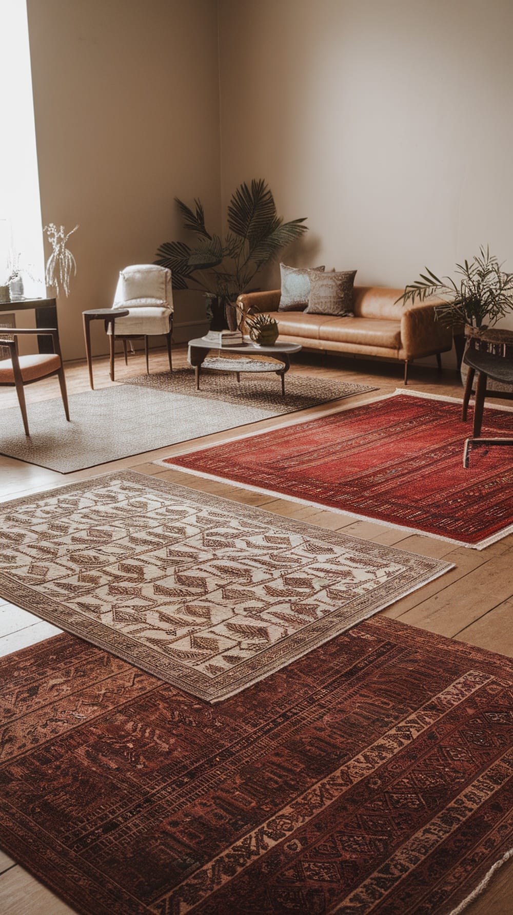 A cozy living room featuring a mix of patterned area rugs in warm colors, showcasing a stylish and inviting atmosphere.