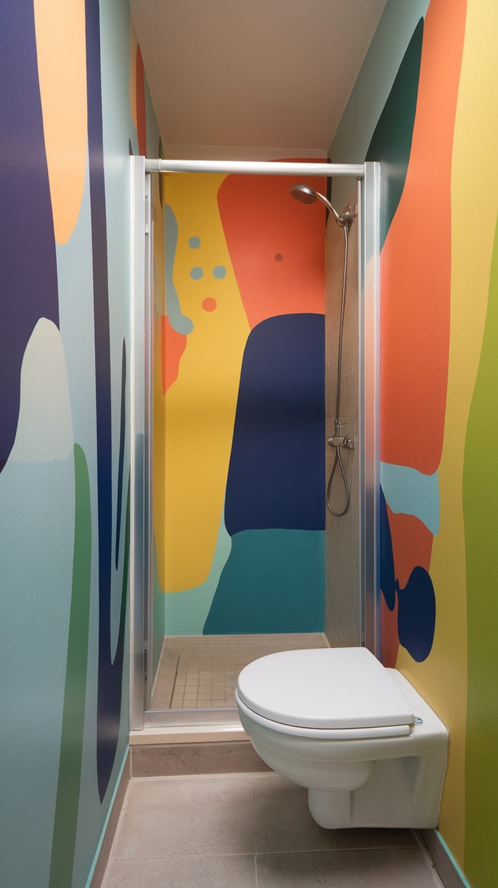 Vibrant ensuite with colorful, abstract wall artwork and a shower.