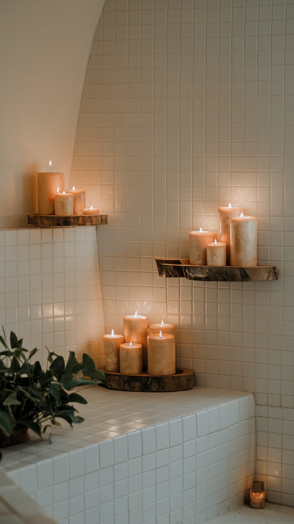 A cozy bathroom corner with various scented candles on wooden shelves, creating a warm and inviting atmosphere.