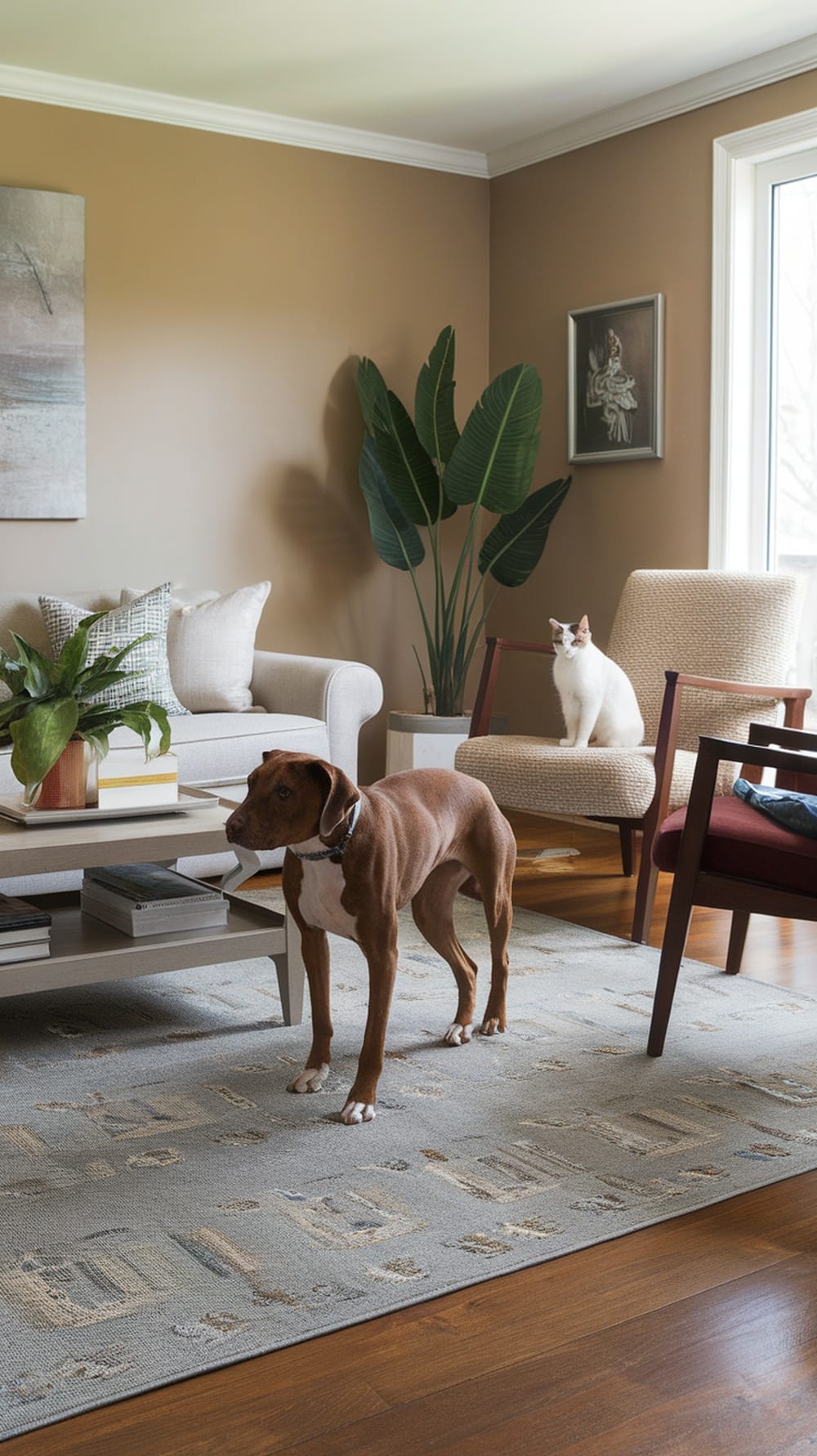 A living room with a dog and a cat, showcasing a pet-friendly area rug.