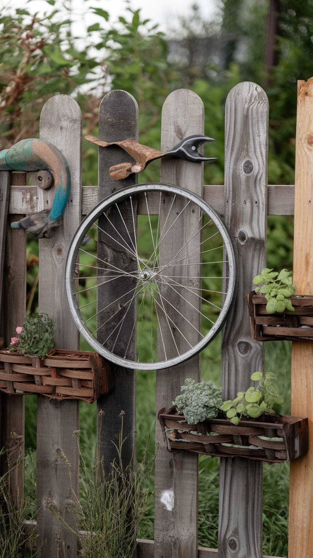 A creative garden fence design featuring a bicycle wheel, decorative bird, and wooden crates with plants.