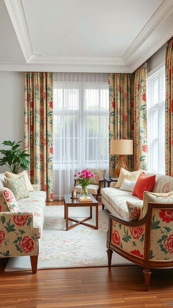 Living room featuring floral vintage textiles on sofas and curtains with modern furniture and decor.
