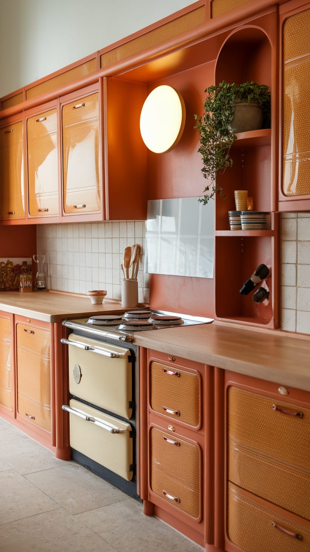A stylish modern kitchen featuring retro-inspired orange Shaker cabinets, handleless design, and a classic stove.