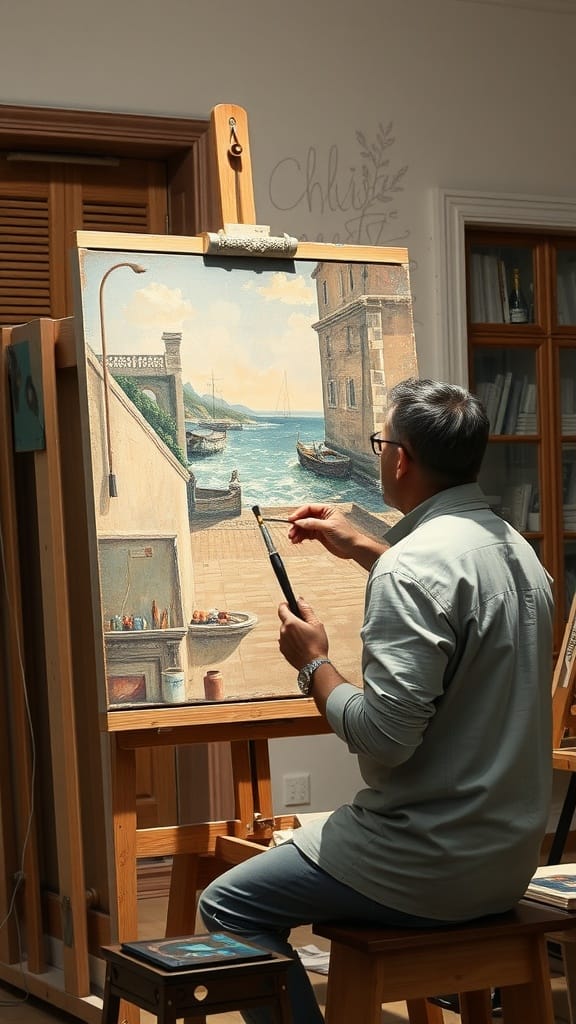 An artist painting a coastal landscape in a studio, blending classic techniques with modern tools.