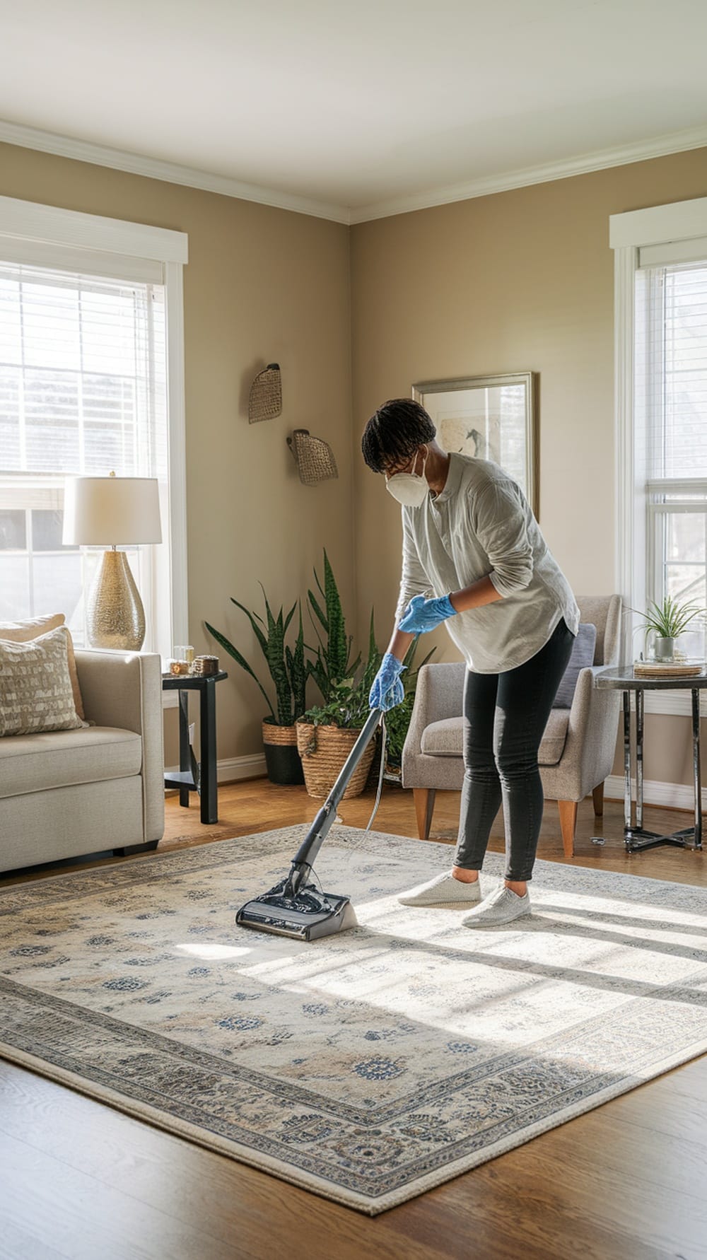 A person vacuuming a decorative area rug in a well-lit living room