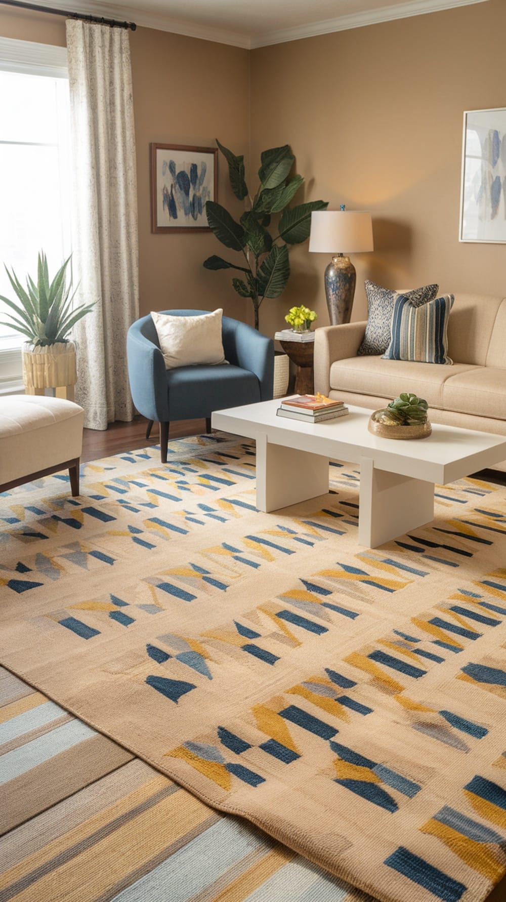 Stylish living room featuring a geometric area rug with warm colors, minimalist furniture, and decorative plants.