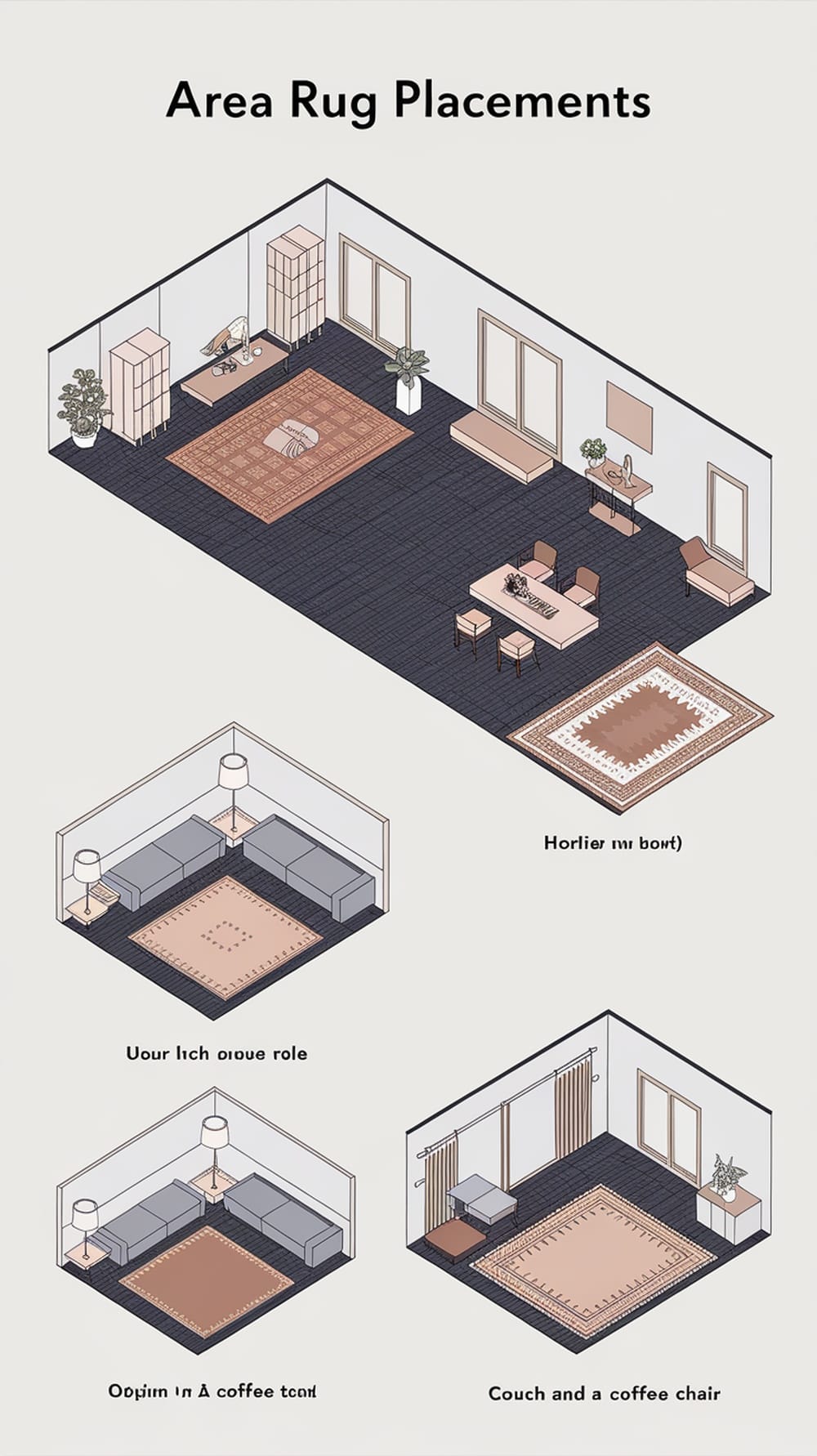 Illustration showing different area rug placements in a living room setting
