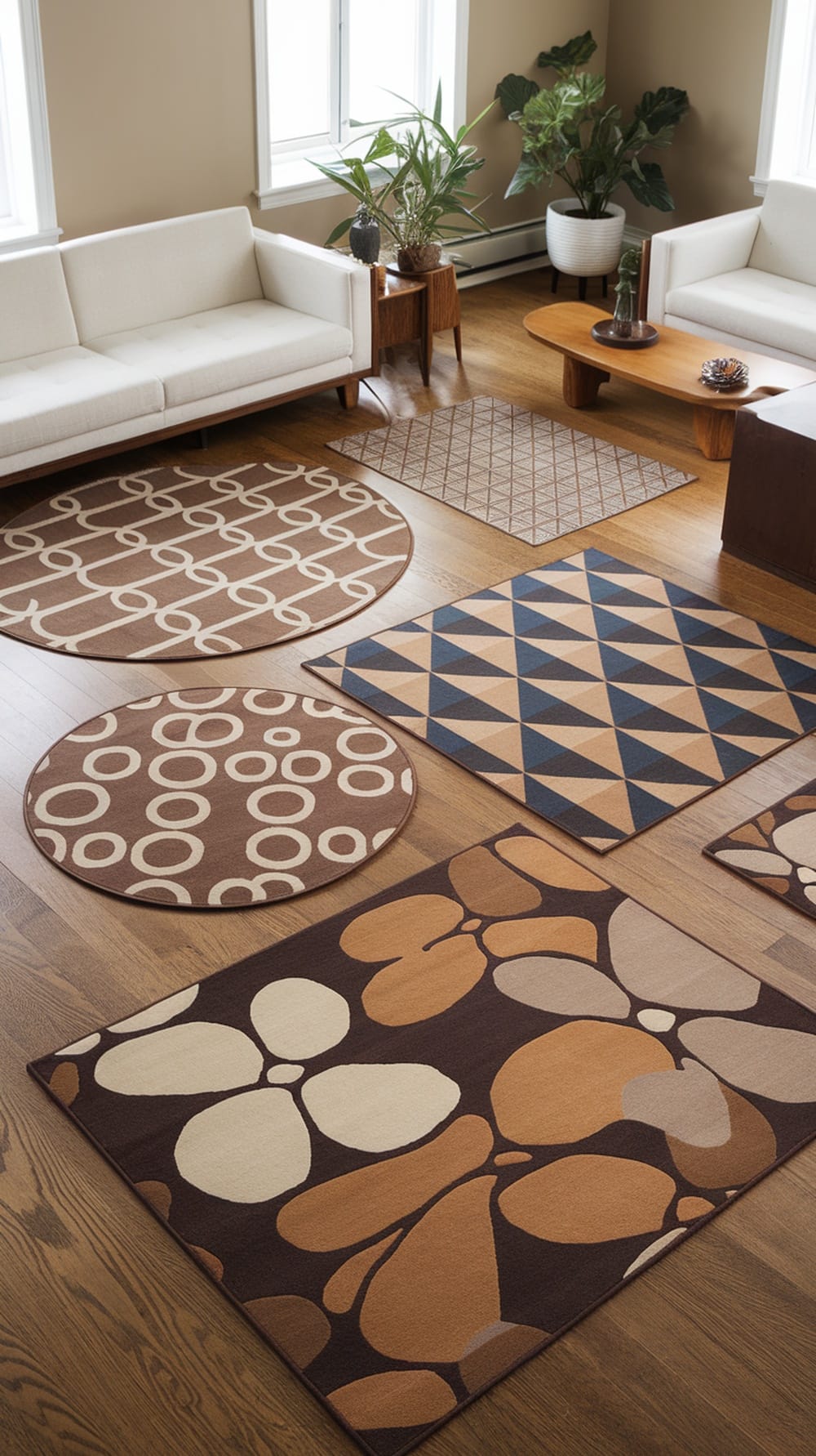 Various shapes and patterns of rugs displayed in a living room setting.