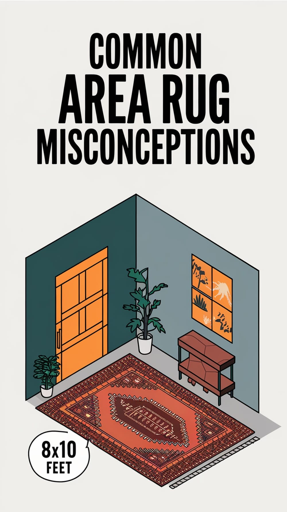 An illustration showing a living room with an area rug, highlighting common misconceptions about rug sizing.