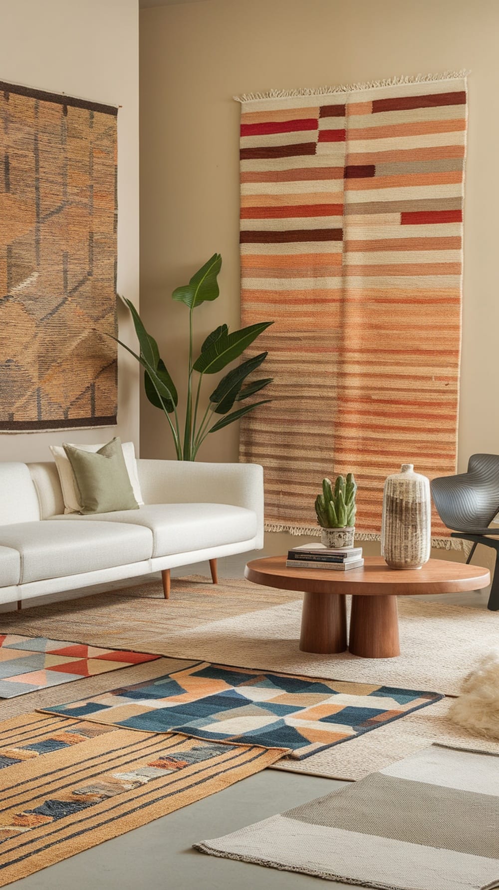 A stylish living room featuring various area rugs with geometric patterns and textures.