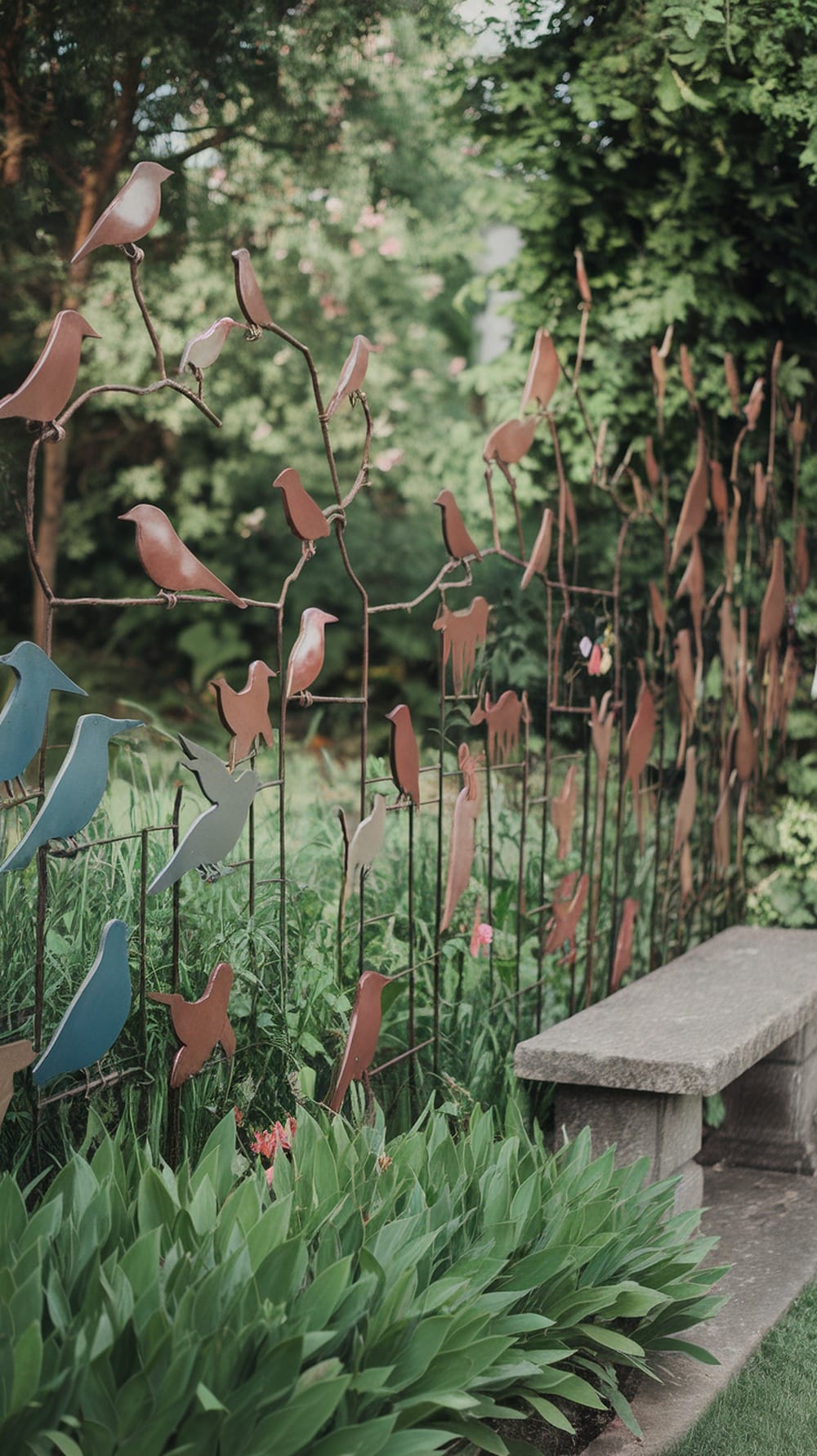 A garden fence art display featuring colorful bird silhouettes against lush greenery.