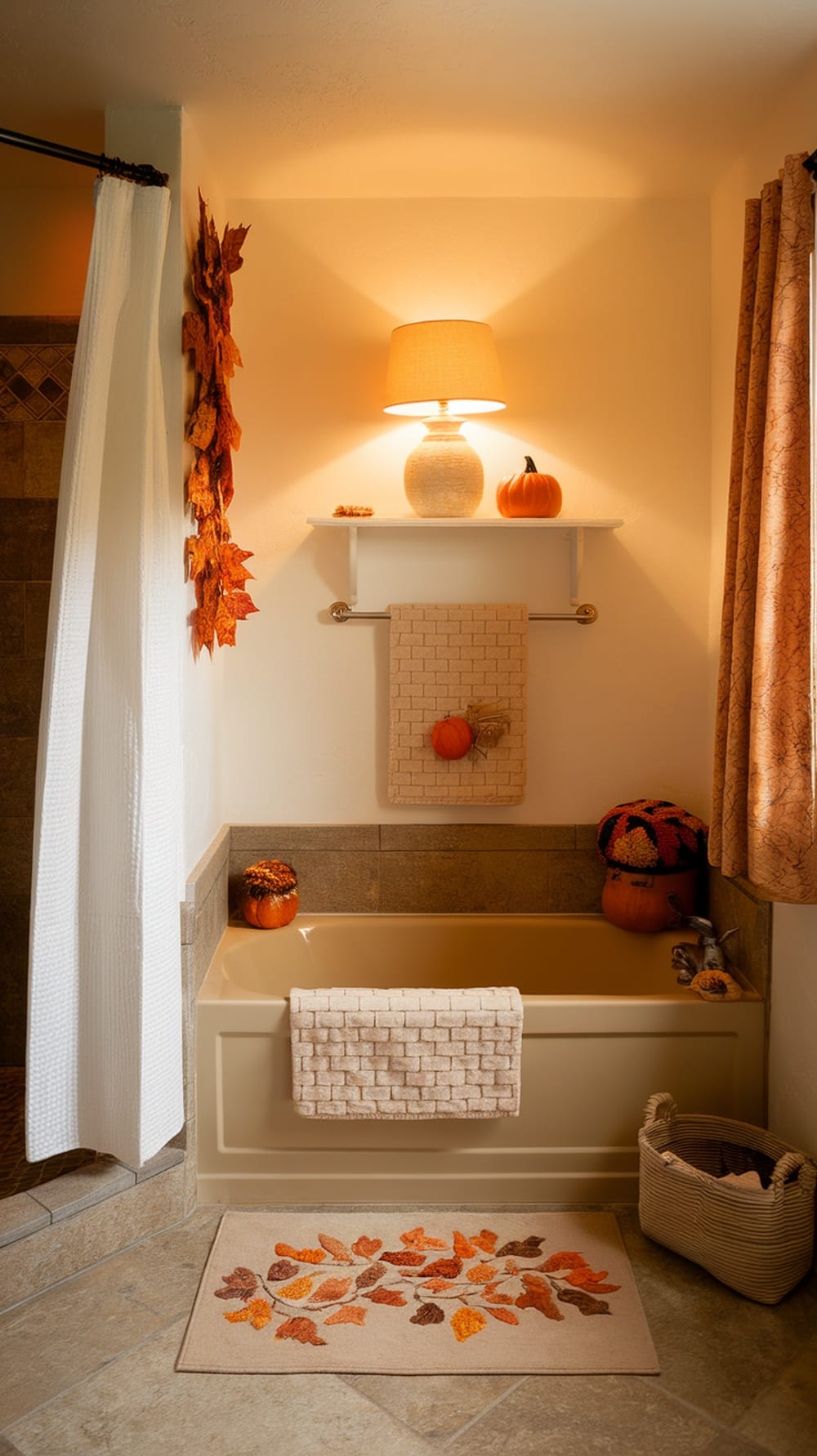 A cozy fall-themed bathroom with pumpkins and autumn leaves decor.