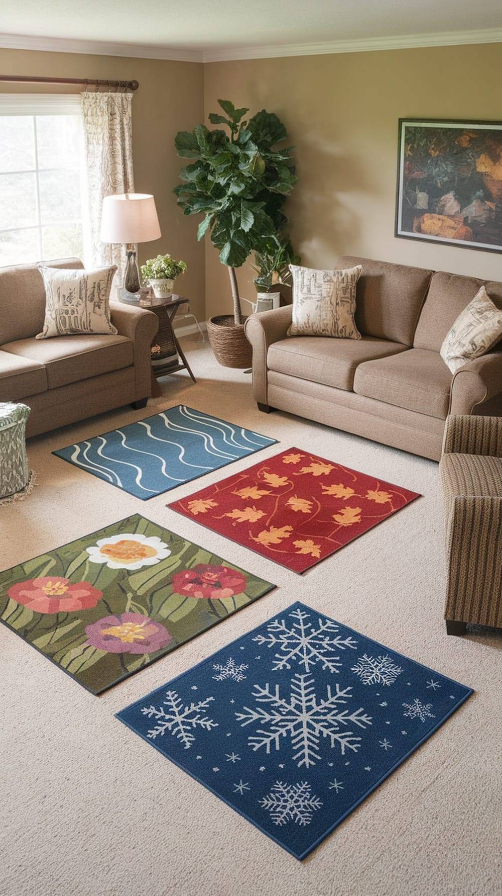 A living room featuring four different seasonal area rugs displaying various designs.