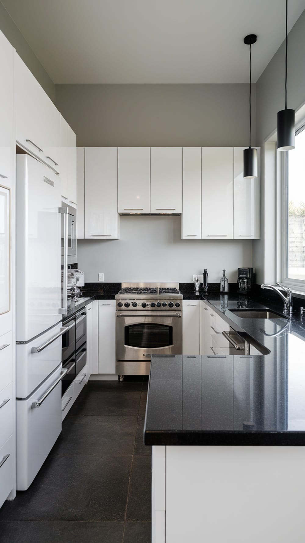 A modern minimalist kitchen with white handleless cabinets and a black countertop.