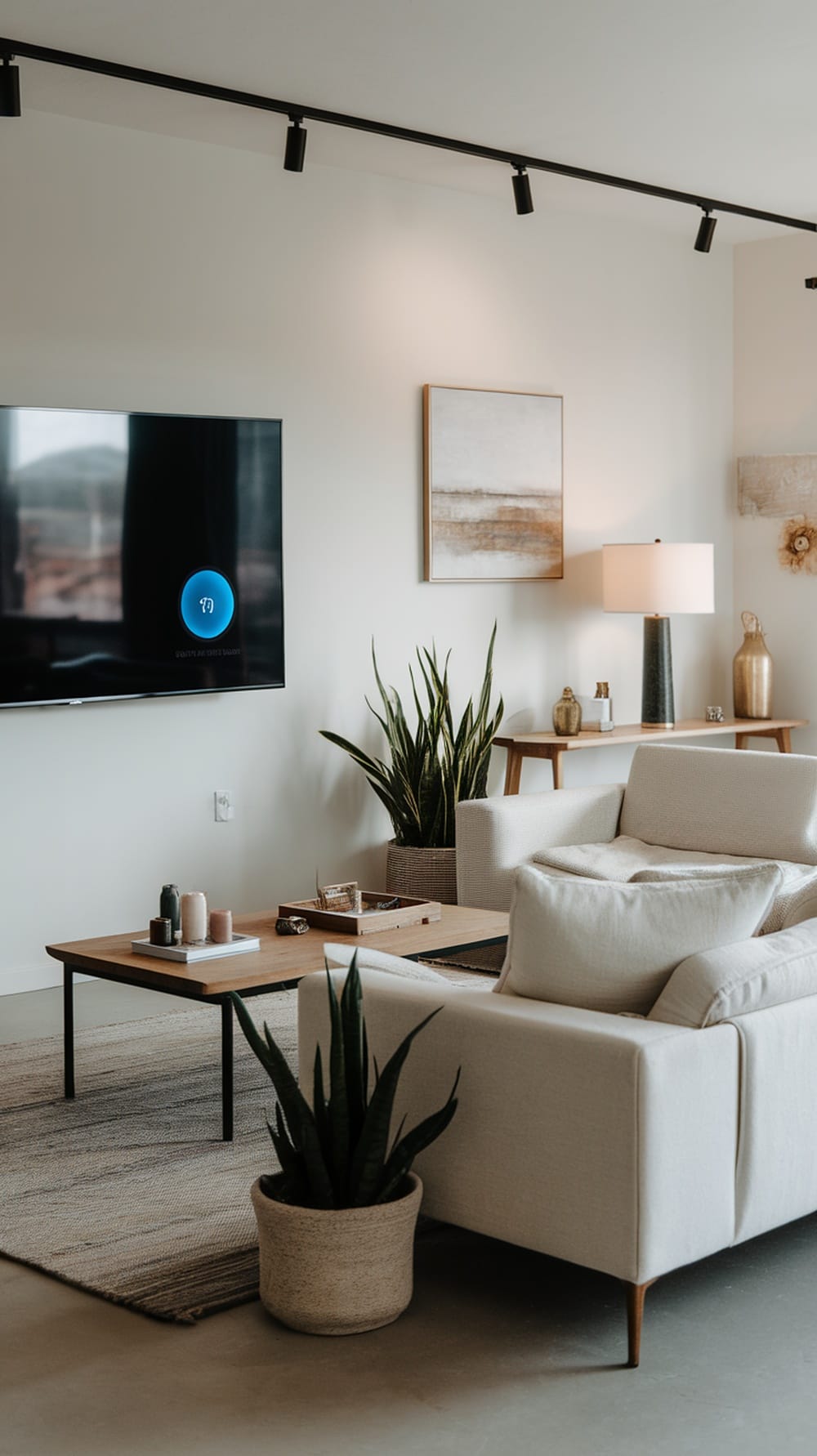 A modern living room with smart technology, featuring a sleek TV, transitional furniture, and plants.