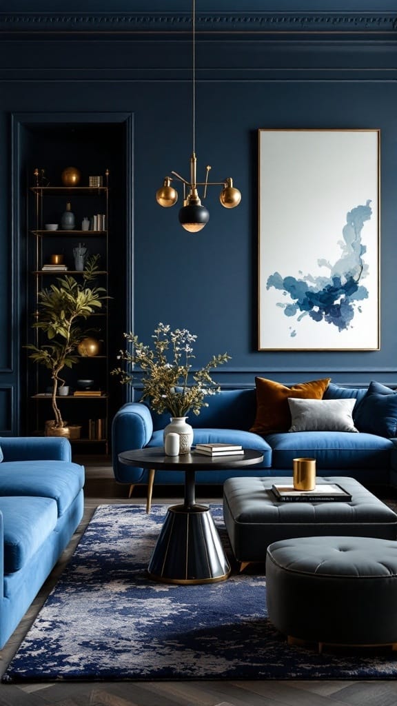 A modern blue living room with plush sofas, elegant art, and stylish decor.