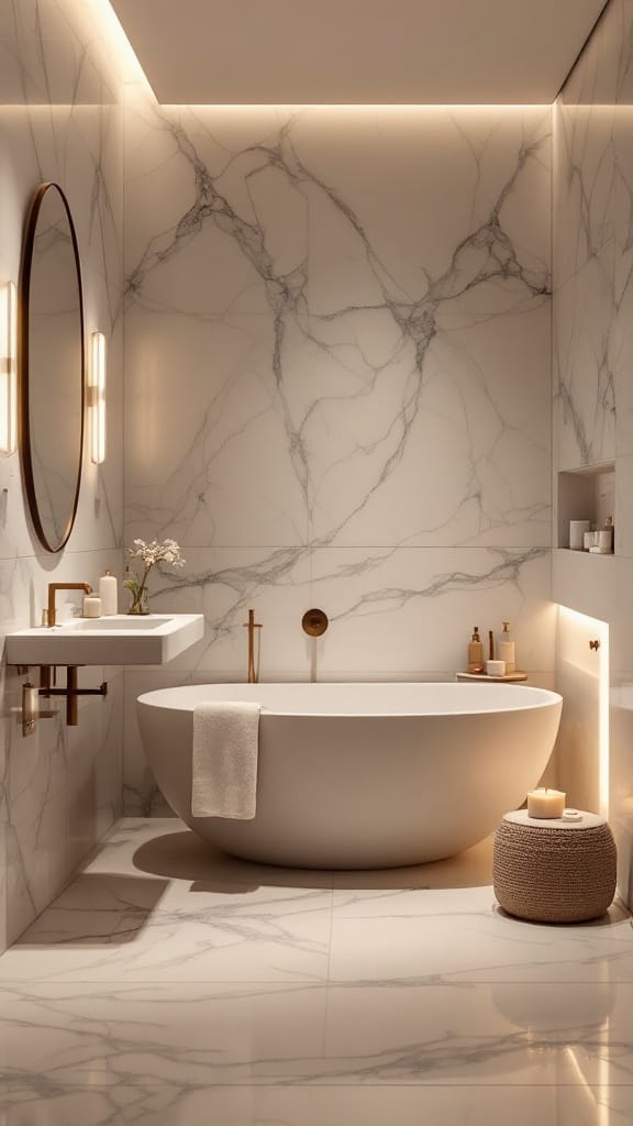 Modern luxury bathroom with marble finishes, featuring a bathtub, elegant lighting, and minimalist design.
