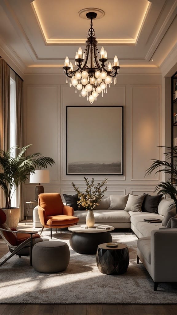 A stylish living room featuring a stunning chandelier, plush sofa, and modern decor elements.