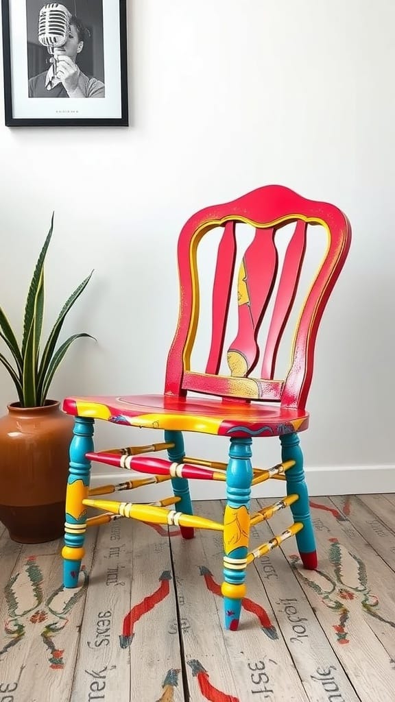 A colorful antique chair with red, yellow, and blue paint, accompanied by a plant and artwork in the background.