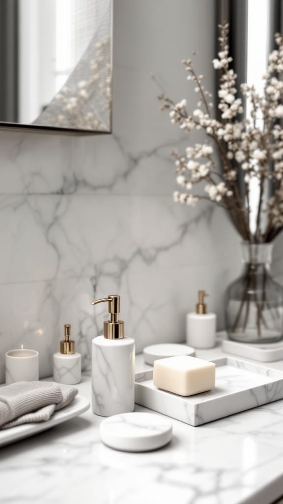 Stylish marble bath accessories with elegant lighting and floral decor.