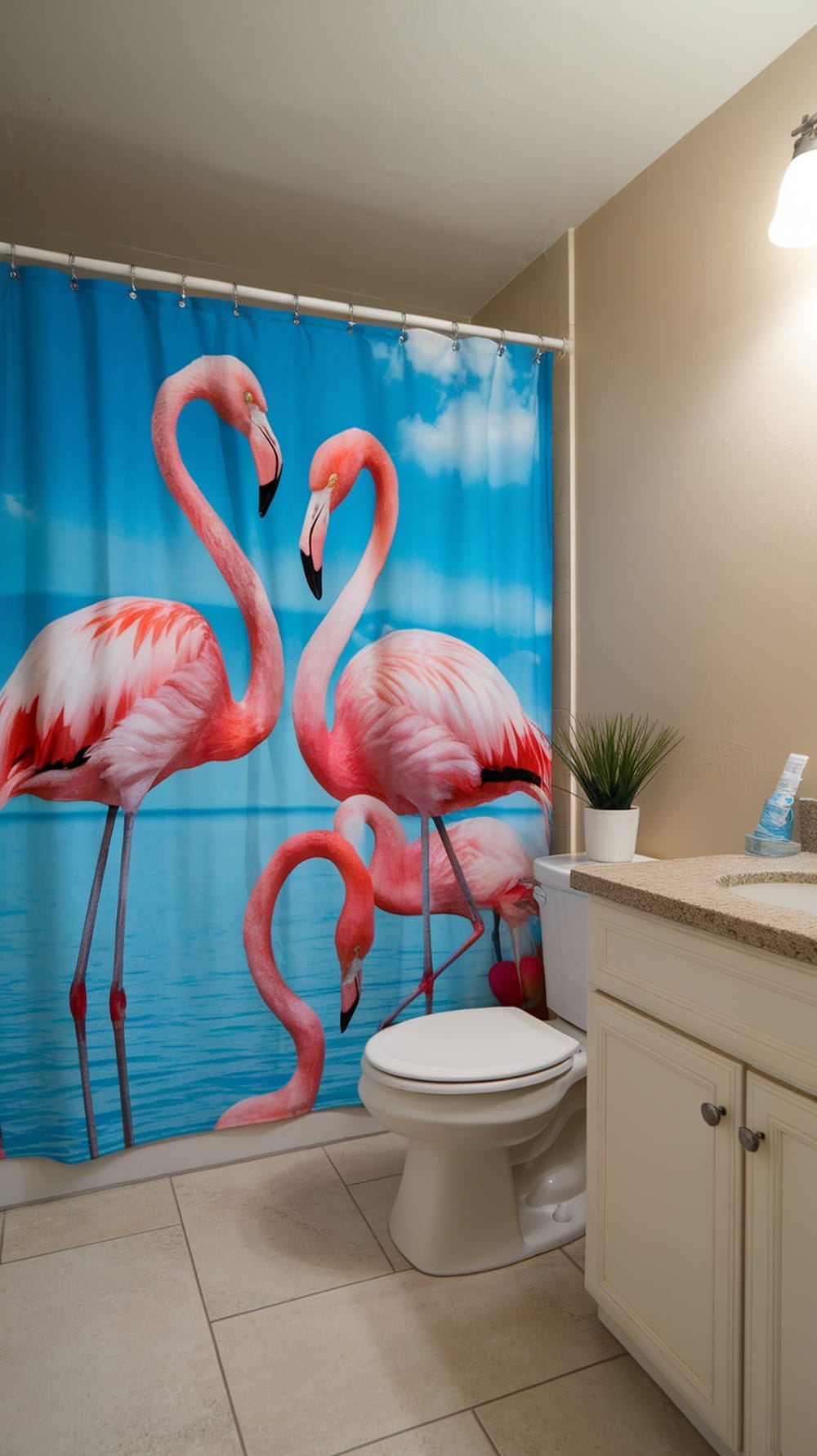 Bright pink flamingo shower curtain in a stylish ensuite bathroom