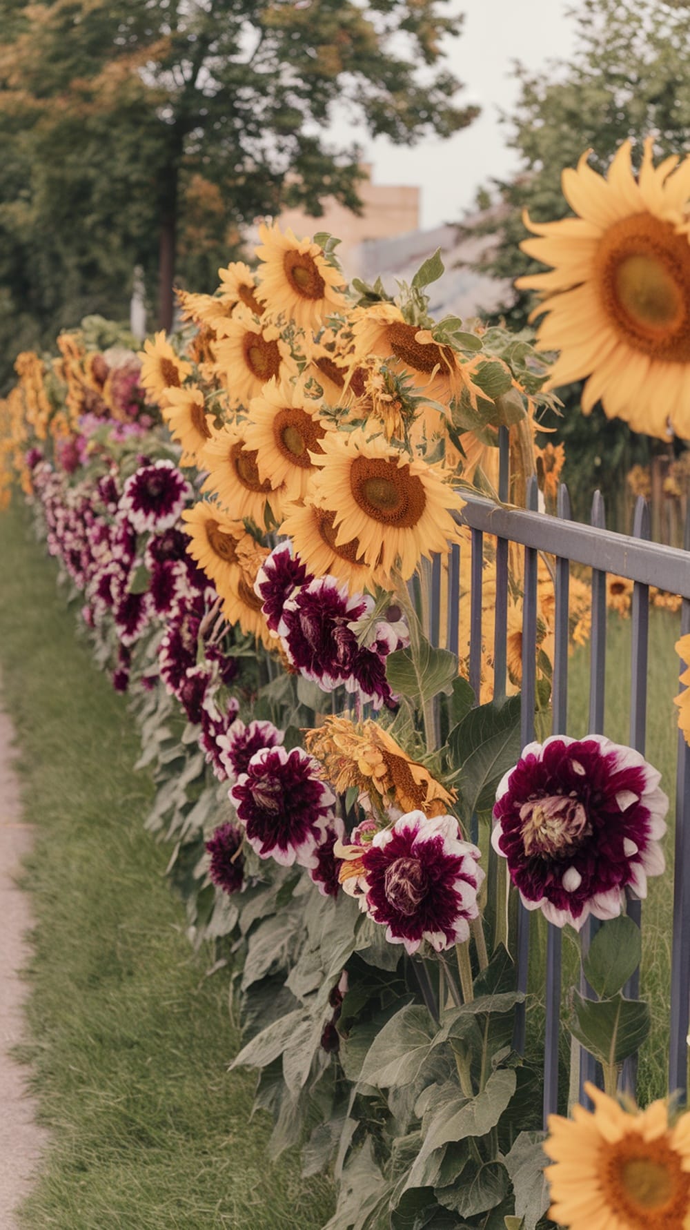 A vibrant display of sunflowers and dahlias along a garden fence