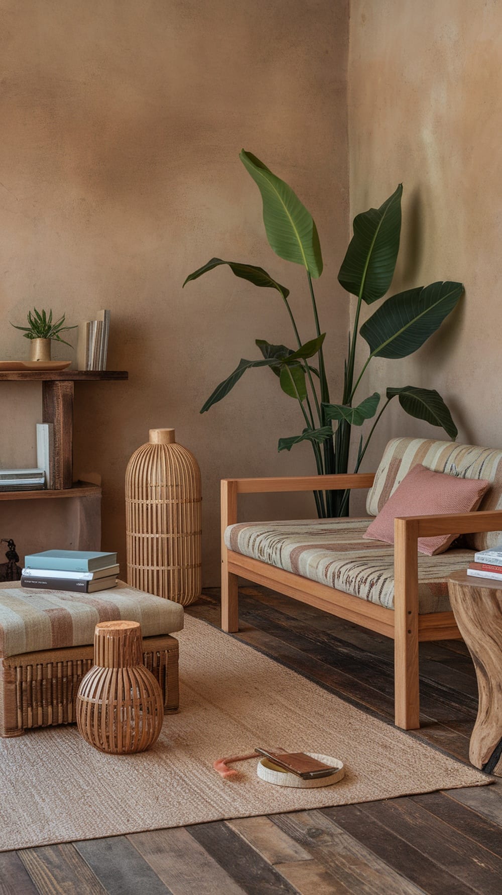 A sustainable living room with natural wood furniture, plants, and earthy colors
