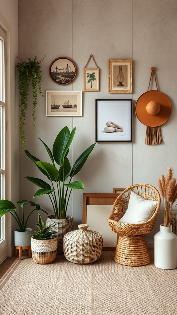 A cozy home corner with wicker chair, plants, and vintage artwork on the wall.