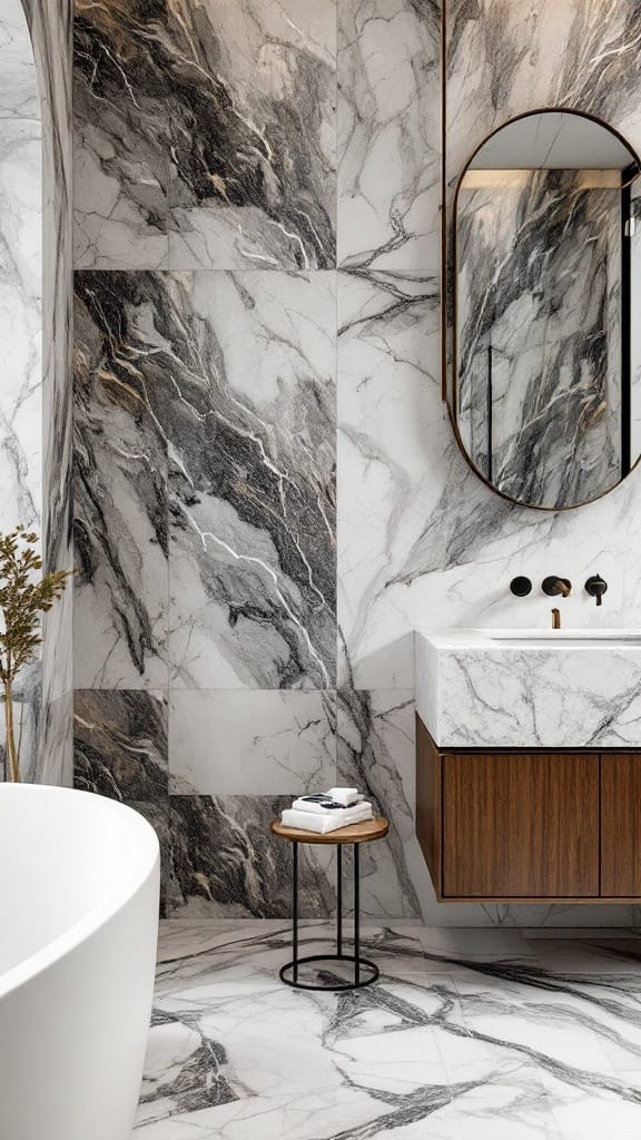 Modern luxury bathroom featuring textured marble finishes in shades of gray and white