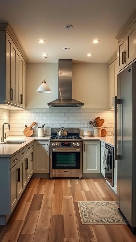 A modern-vintage fusion kitchen featuring light cabinets, wooden flooring, and stainless steel appliances.