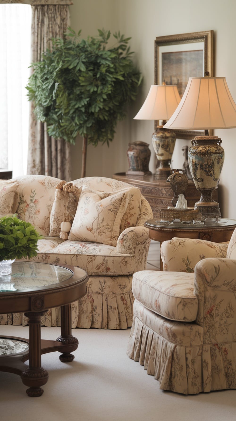 A cozy traditional living room with floral patterned furniture, a glass coffee table, and decorative lamps.