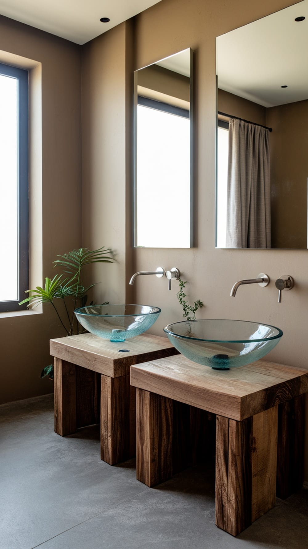 A modern bathroom with two glass sinks on wooden bases, featuring large mirrors and a plant.
