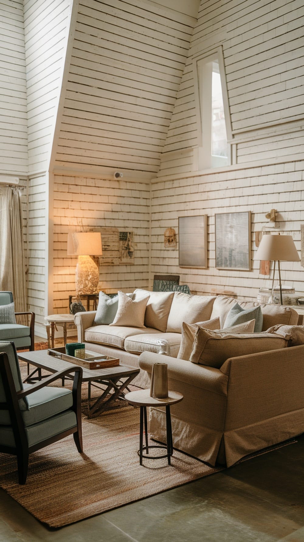A cozy living room with slanted wooden walls, a beige sofa, and stylish chairs.