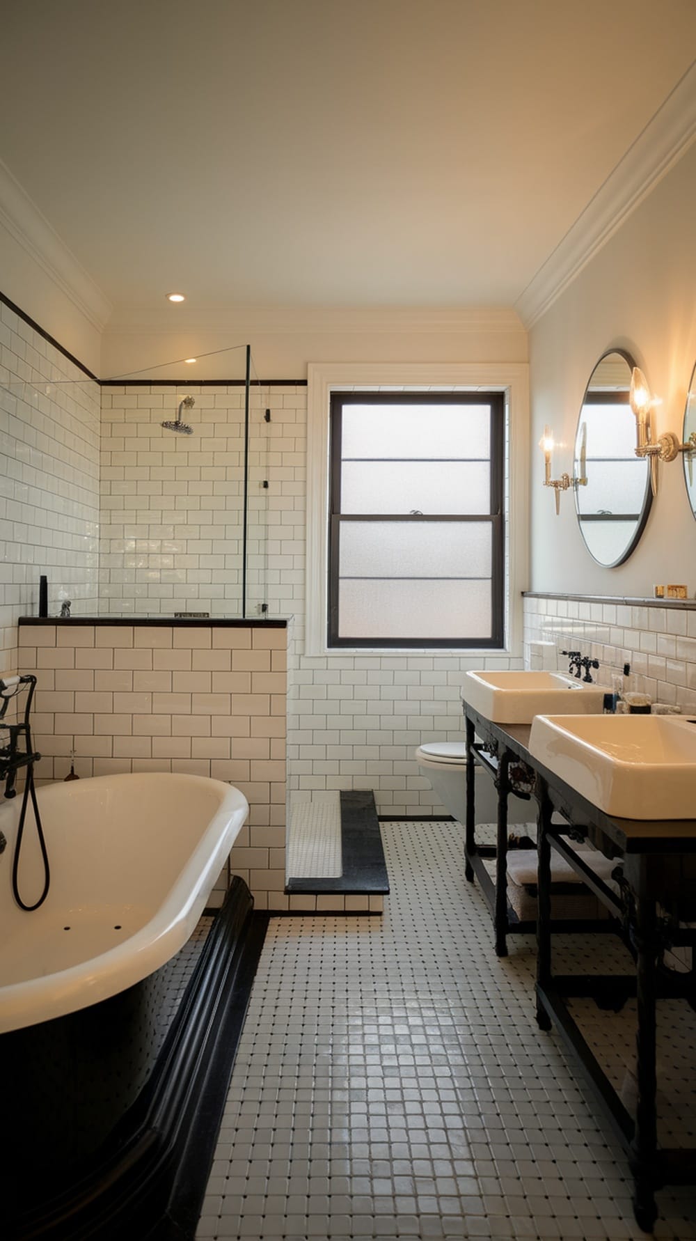 Stylish small ensuite bathroom with a freestanding bathtub, vintage faucets, and round mirrors