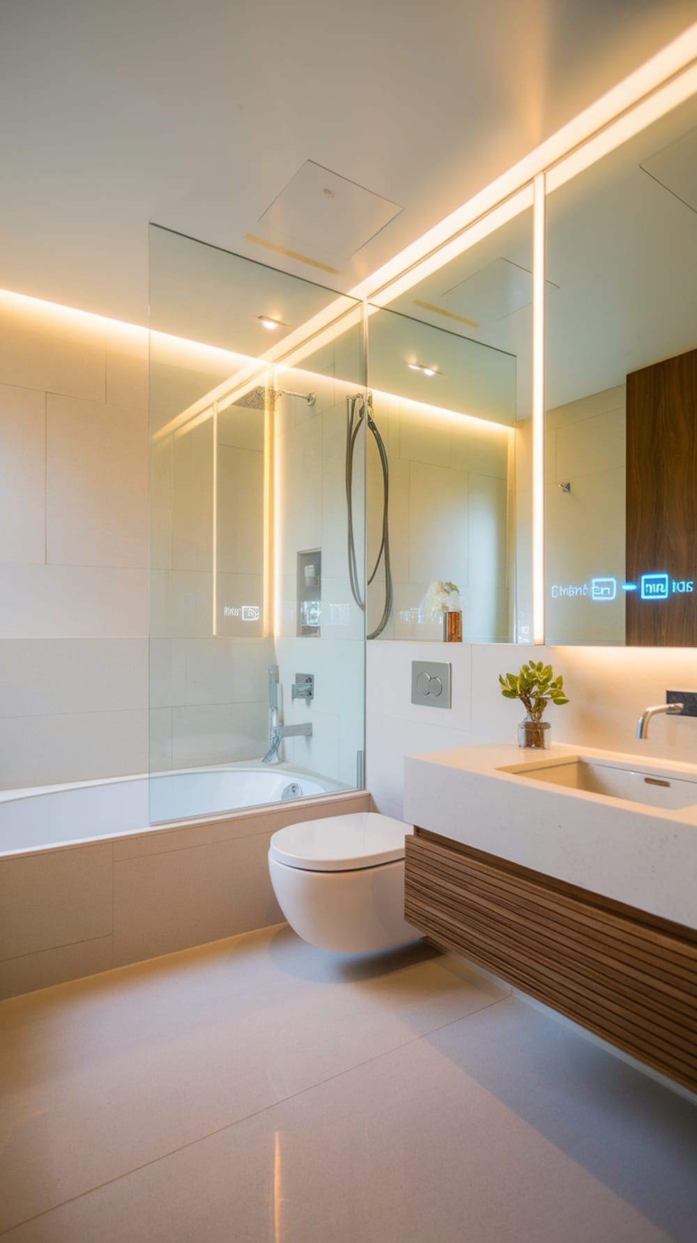 A modern small ensuite bathroom featuring smart technology, illuminated mirror, and sleek design elements.