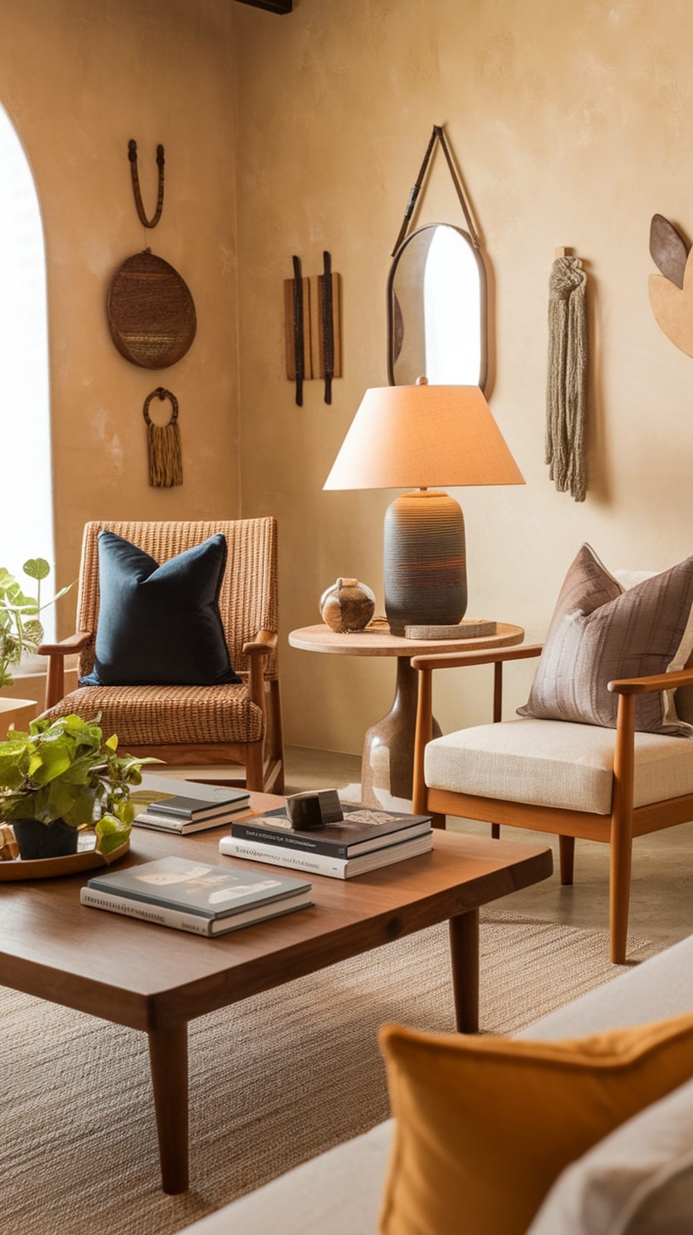 A warm and inviting living room with beige walls, wooden furniture, and cozy cushions.
