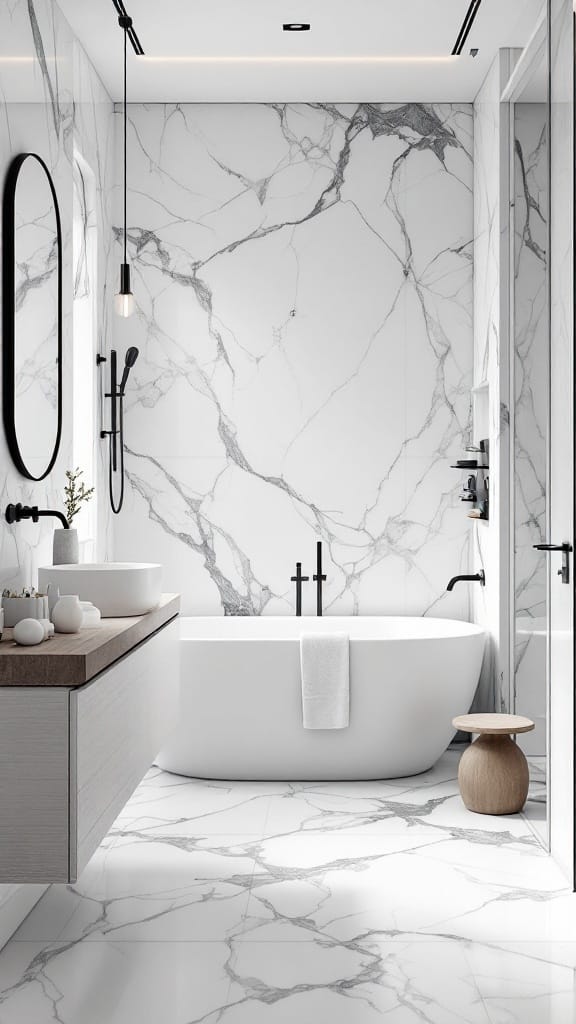 Modern luxury bathroom with white and gray marble, freestanding tub, elegant lighting, and minimalist decor.